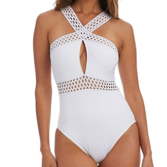 AMAVI women’s white halter cross front High Neck One Piece Swimsuit NWT - Picture 3 of 6